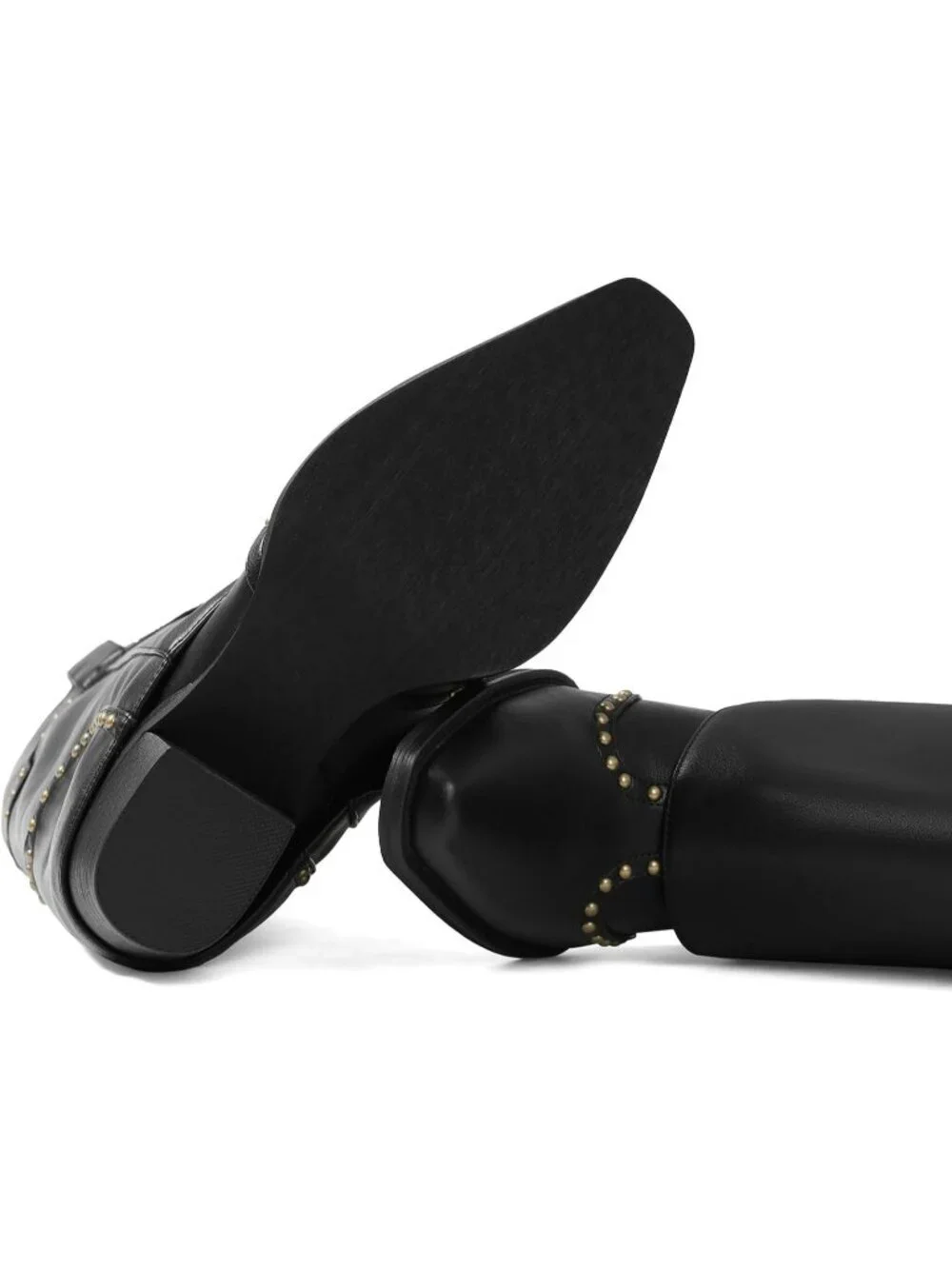 Women's Black Polyurethane (PU) Studded Fold Over Knee High Chunky Heel Boot